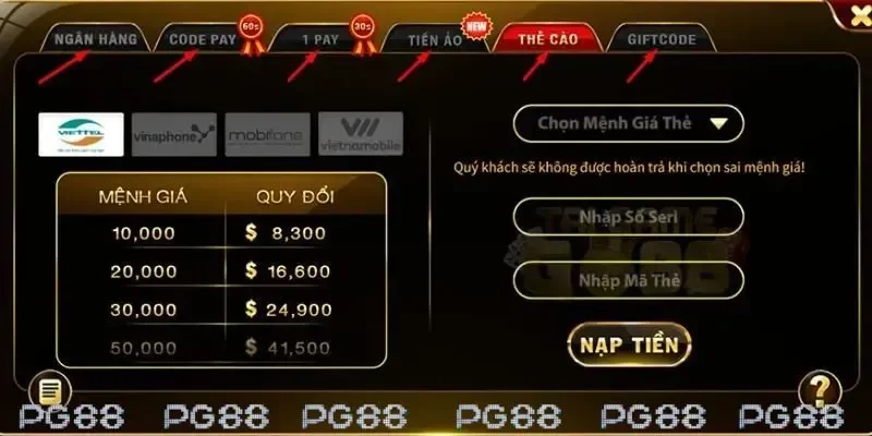 Nạp tiền PG88 bằng hình thức thẻ cào truyền thống